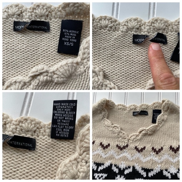 MODA INTERNATIONAL VS Sweater Shawl Brown XS Small Nordic Fair Isle Wool Fringe - Picture 9 of 13